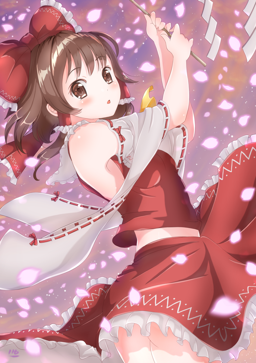 1girl, :o, ascot, ass, bangs, bare_shoulders, blush, bow, brown_eyes, brown_hair, cherry_blossoms, detached_sleeves, eyebrows_visible_through_hair, frilled_skirt, frills, gohei, hair_bow, hair_tubes, hakurei_reimu, highres, hoshimaemi, looking_at_viewer, looking_back, no_panties, petals, red_bow, red_shirt, red_skirt, ribbon-trimmed_sleeves, ribbon_trim, shirt, short_hair, shoujo_kitou-chuu, skirt, skirt_lift, skirt_set, touhou, wide_sleeves, wind, wind_lift
