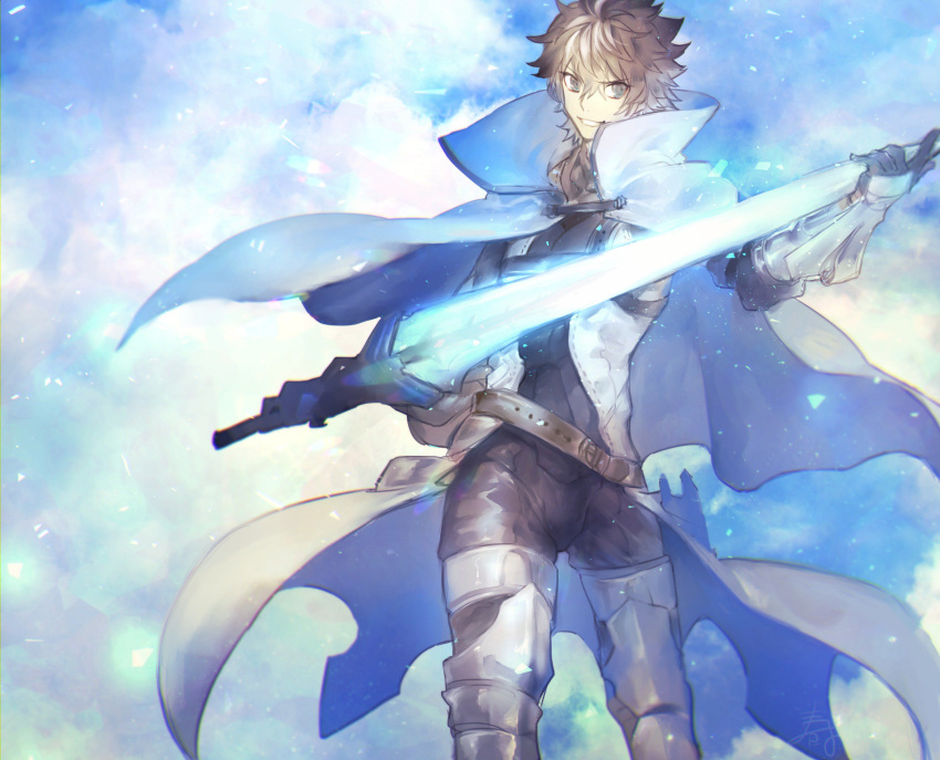 1boy, armor, armored_boots, black_gloves, blue_eyes, boots, cape, contrapposto