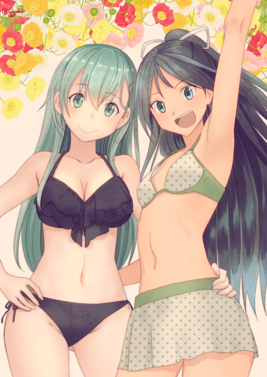 :d, aqua_eyes, aqua_hair, arm_up, armpits, bikini, bikini_skirt, black_bikini