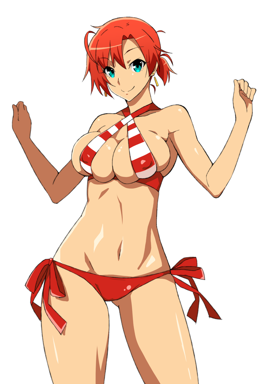 1girl, akitetsu, bikini, boudica_(fate/grand_order), breasts, cleavage, earrings, green_eyes, highres, jewelry, large_breasts, looking_at_viewer, navel, ponytail, redhead, short_hair, solo, swimsuit, transparent_background