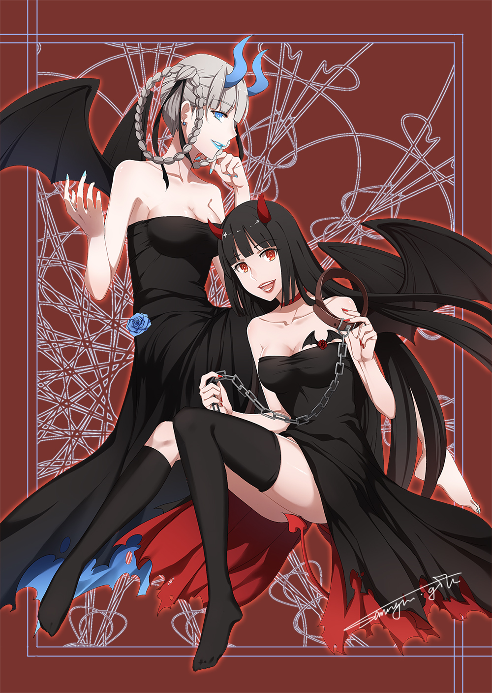 2girls, :d, alternate_costume, bangs, barefoot, black_hair, black_legwear, blue_eyes, blue_lips, blue_lipstick, blue_nails, blue_rose, blunt_bangs, braid, breasts, chains, choker, cleavage, collar, collarbone, demon_girl, demon_horns, demon_tail, demon_wings, dress, earrings, eyebrows_visible_through_hair, femdom, flower, hair_rings, highres, hime_cut, horns, invisible_chair, jabami_yumeko, jewelry, kakegurui, kneehighs, large_breasts, leash, lipstick, long_dress, long_hair, looking_at_viewer, makeup, medium_breasts, mismatched_legwear, momobami_kirari, multiple_girls, nail_polish, open_mouth, parted_lips, red_eyes, red_lips, red_nails, rose, sanriyueguyun, silver_hair, single_kneehigh, single_thighhigh, sitting, smile, strapless, strapless_dress, tail, taut_clothes, taut_dress, thigh-highs, twin_braids, very_long_hair, wings