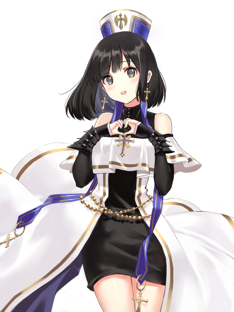 1girl, bai_banca, bare_shoulders, black_dress, black_eyes, black_hair, blush, cowboy_shot, cross, cross_earrings, crusader_(dungeon_and_fighter), detached_sleeves, dress, dungeon_and_fighter, earrings, hat, heart, heart_hands, jewelry, open_mouth, short_dress, short_hair, smile