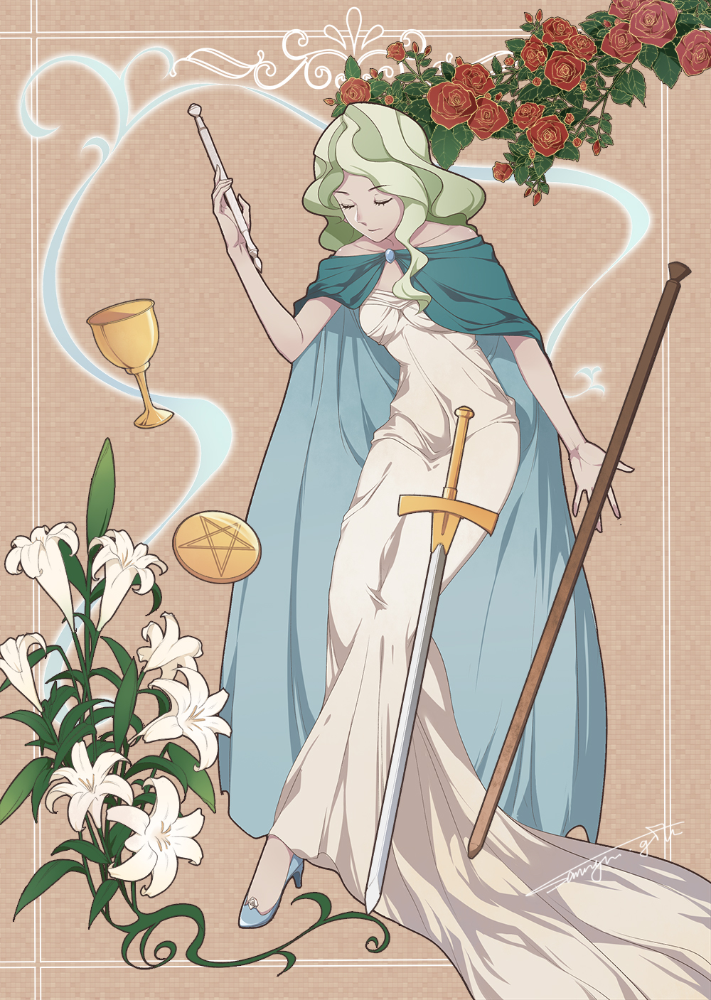 1girl, alternate_costume, art_nouveau, blonde_hair, blue_shoes, cape, closed_eyes, cup, diana_cavendish, dress, flower, full_body, green_hair, high_heels, highres, little_witch_academia, long_dress, long_hair, magic, off_shoulder, pentacle, pentagram, red_rose, rose, sanriyueguyun, shoes, signature, solo, staff, sword, wand, weapon, white_dress