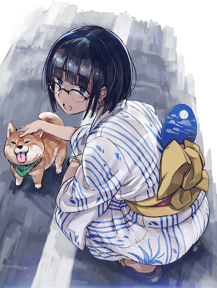 1girl, :d, animal, bangs, black-framed_eyewear, black_hair, blue_eyes, blunt_bangs