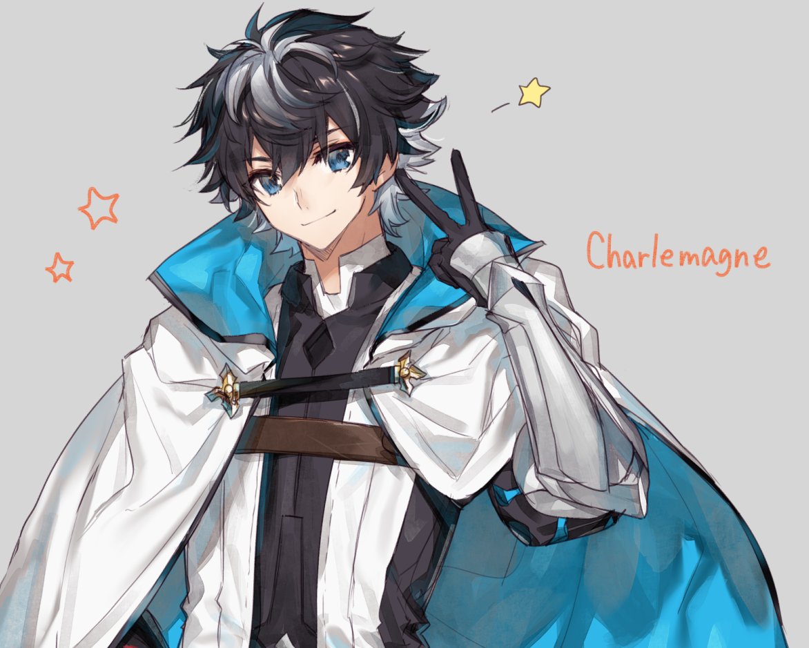 1boy, armor, black_hair, blue_eyes, cape, character_name, charlemagne_(fate), chocoan