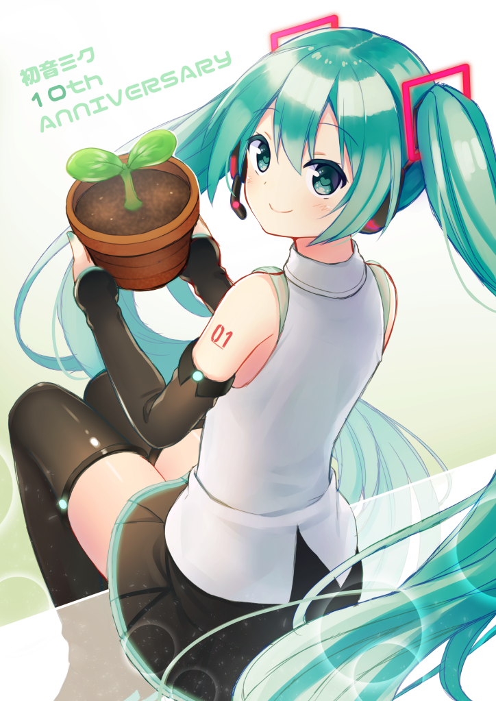 1girl, anniversary, character_name, detached_sleeves, from_above, from_behind, green_eyes, green_hair