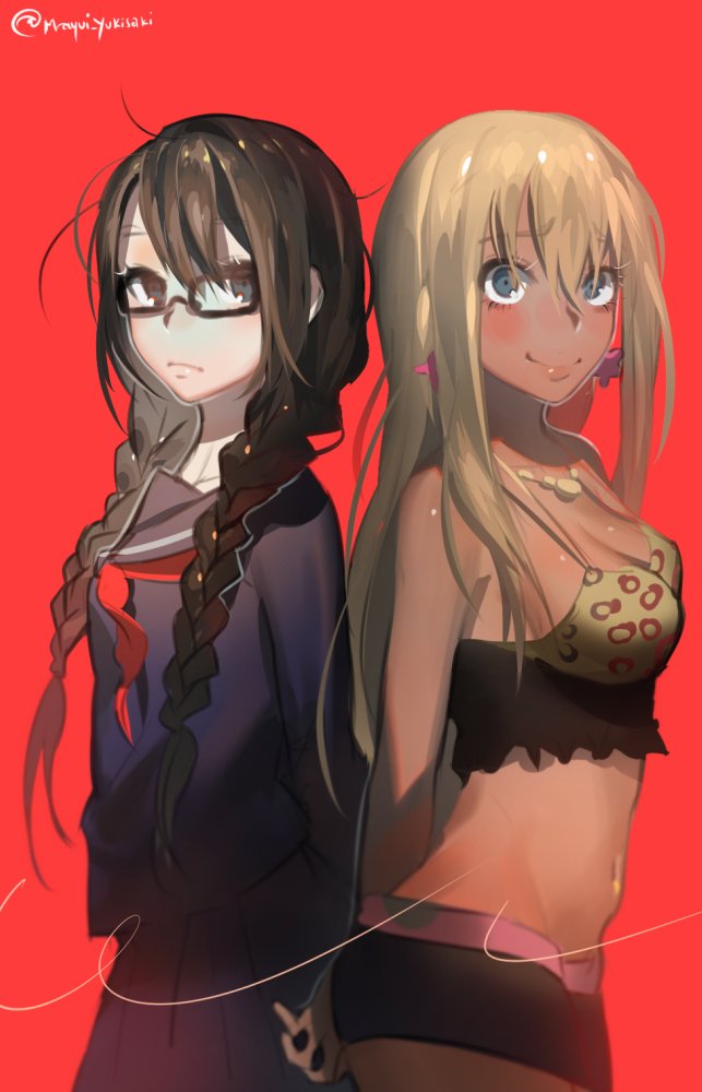 2girls, blonde_hair, blue_eyes, breasts, brown_hair, cleavage, earrings, emergence