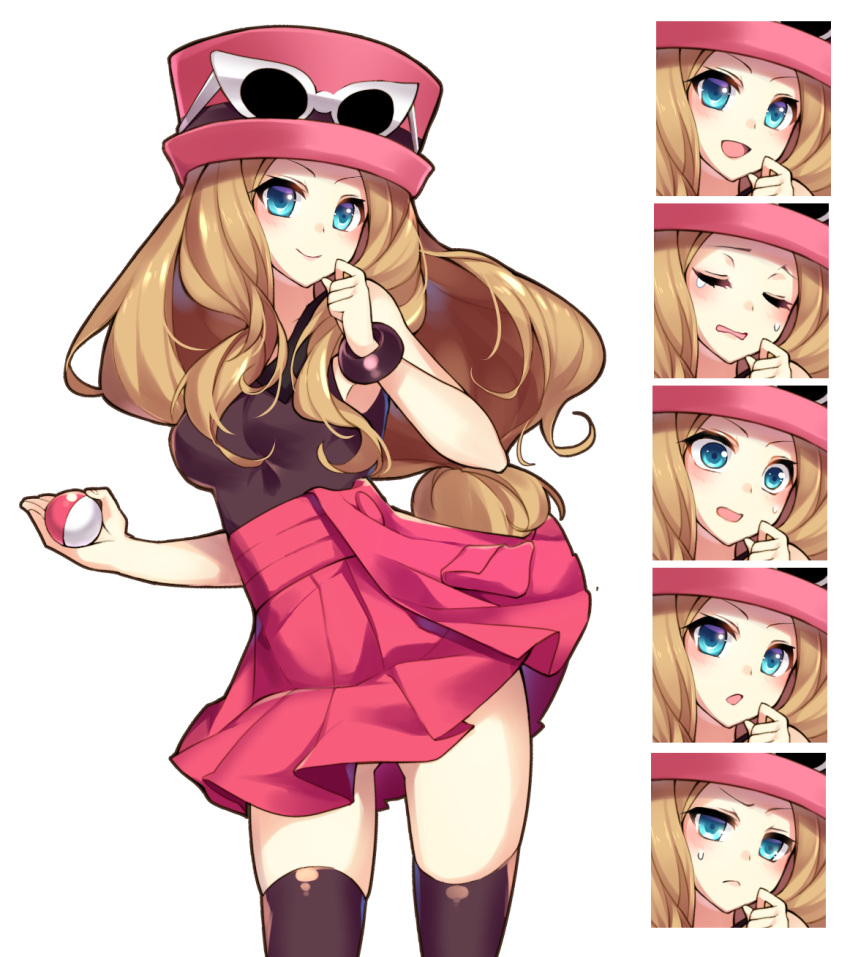 1girl, black_legwear, blue_eyes, blush, bracelet, brown_hair, closed_eyes, cowboy_shot, dress, glasses_on_hat, highres, holding, holding_poke_ball, homarerererere, jewelry, looking_at_viewer, pink_dress, poke_ball, pokemon, pokemon_(game), pokemon_xy, serena_(pokemon), smile, solo, standing, sunglasses, sweatdrop