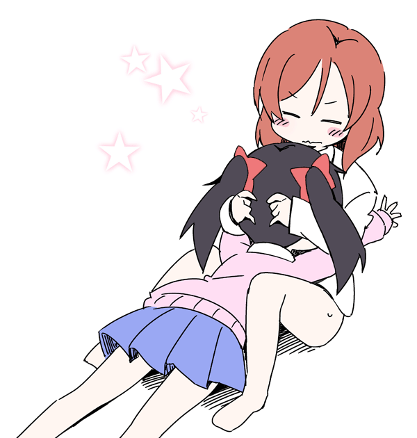 2girls, bare_legs, barefoot, black_hair, blue_skirt, blush, bow, cardigan