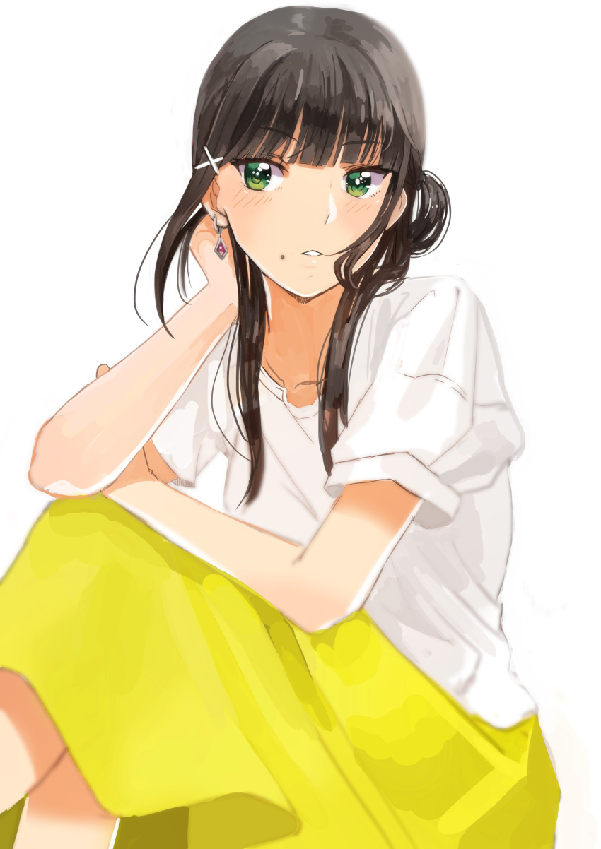 1girl, absurdres, bangs, black_hair, collarbone, earrings, green_eyes, hair_ornament