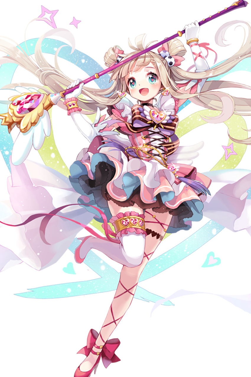 1girl, :d, ;d, blue_eyes, bow, bracelet, dress, elbow_gloves, frilled_dress, frills, gloves, hair_ornament, heart, heart-shaped_pupils, highres, holding, holding_staff, jewelry, long_hair, micki_(soccer_spirits), official_art, one_eye_closed, open_mouth, skirt, smile, soccer_ball_hair_ornament, soccer_spirits, solo, staff, standing, standing_on_one_leg, symbol-shaped_pupils, thigh-highs, white_gloves, white_legwear, windy4th
