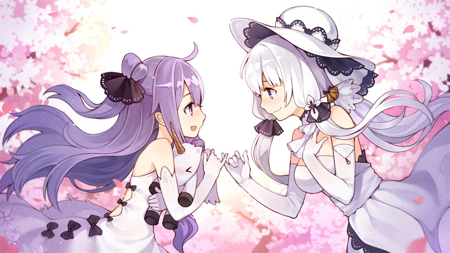>_<, 2girls, :d, age_difference, bare_shoulders, bilan_hangxian, blush, bow, commentary_request, dress, elbow_gloves, eye_contact, gloves, hand_on_own_chest, hat, illustrious_(bilan_hangxian), long_hair, looking_at_another, low_twintails, multiple_girls, open_mouth, petals, pinky_swear, purple_hair, smile, strapless, strapless_dress, stuffed_animal, stuffed_toy, stuffed_unicorn, tsubasa_tsubasa, twintails, unicorn_(bilan_hangxian), violet_eyes, white_dress, white_gloves, white_hair, yuri
