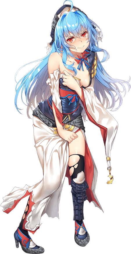 1girl, ahoge, bare_shoulders, black_legwear, blue_hair, blush, breasts, cleavage