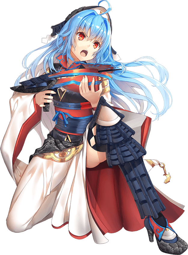 >:o, 1girl, :o, ahoge, black_legwear, blue_hair, bowgun, breasts