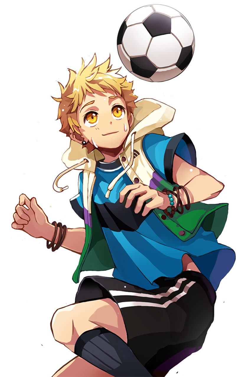 1boy, ball, black_legwear, black_pants, blonde_hair, bracelet, earrings, highres