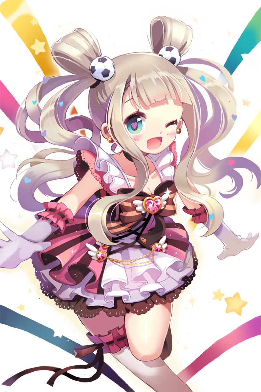 1girl, ;d, blue_eyes, blush, bow, dress, earrings, frilled_dress
