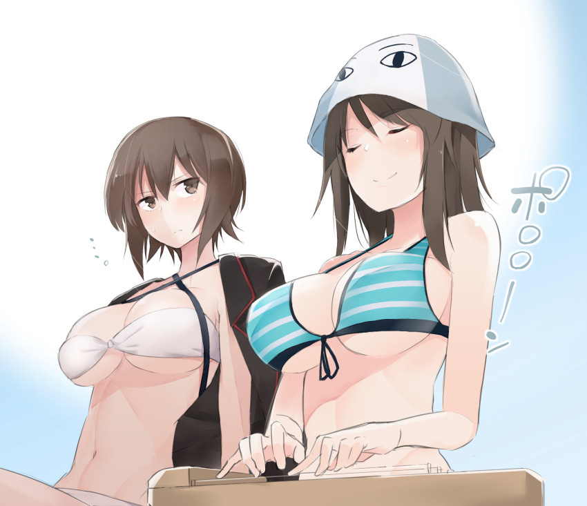 ..., 2girls, bandeau, bare_shoulders, bikini, blue_background, blue_bikini, breasts