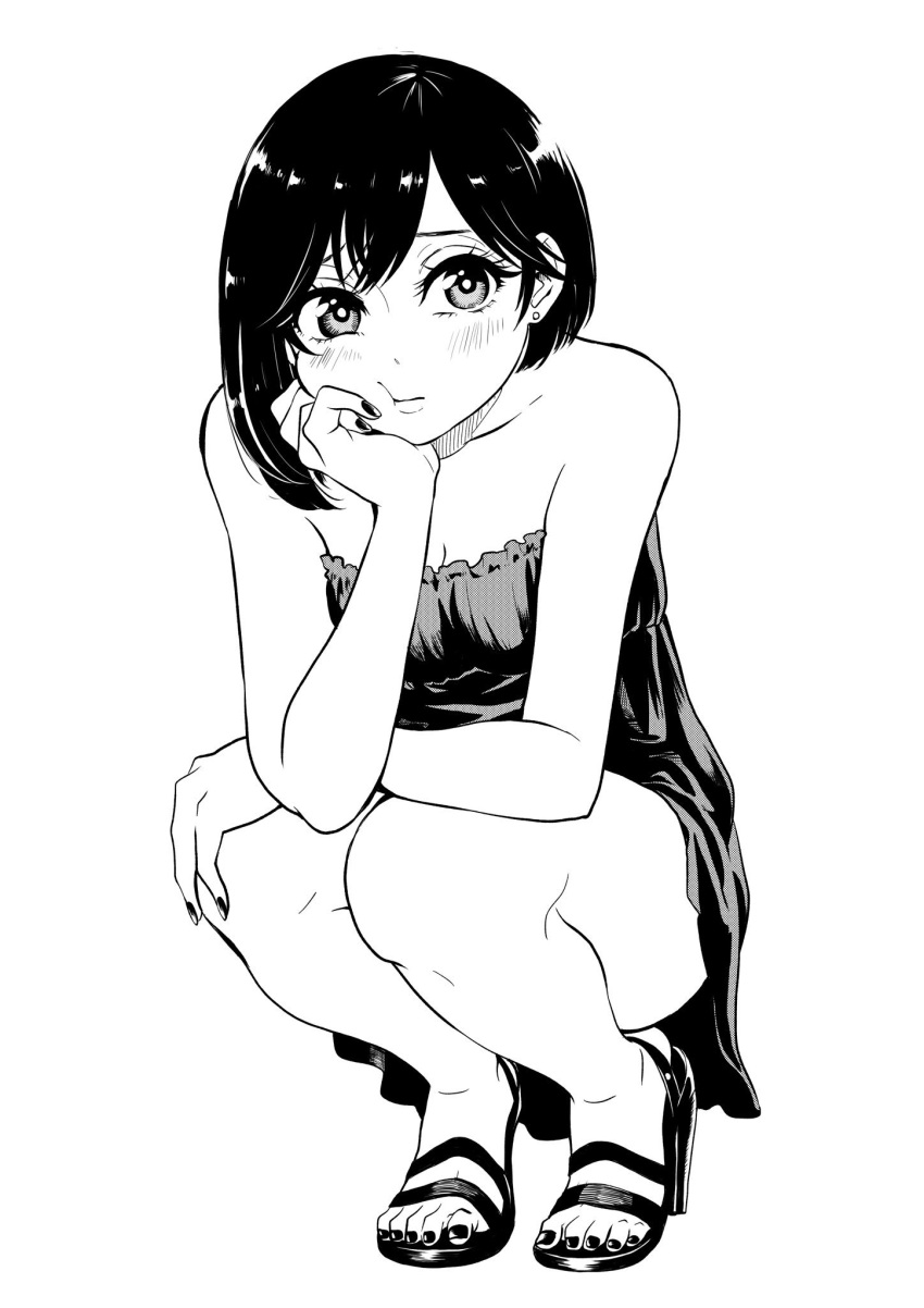 1girl, :t, asymmetrical_hair, bangs, bare_arms, bare_legs, bare_shoulders, breasts