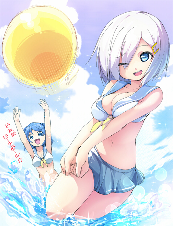 >:d, 2girls, :d, blue_eyes, blue_hair, double_bun, hair_over_one_eye, hamakaze_(kantai_collection)