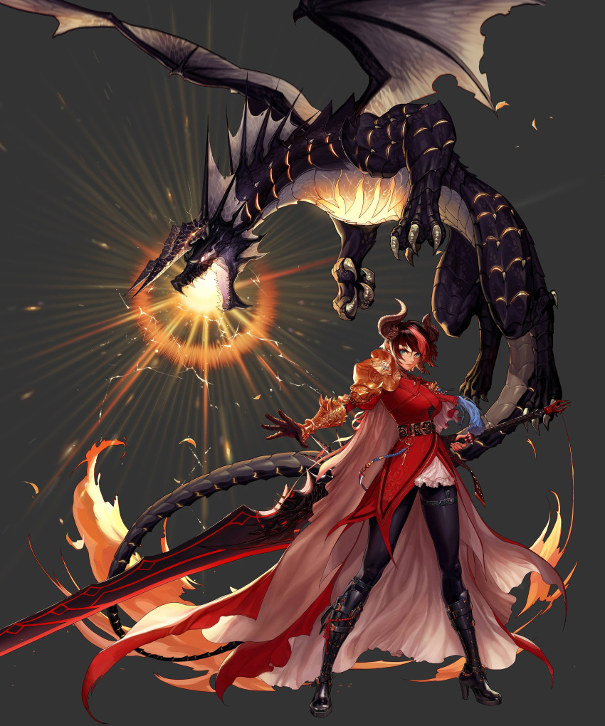 absurdres, armor, artist_request, black_hair, blue_eyes, boots, breathing_fire, cape, coat, dragon, dragon_knight_(dungeon_and_fighter), dungeon_and_fighter, fire, gauntlets, highres, horns, knight_(dungeon_and_fighter), multicolored_hair, official_art, pantyhose, pink_hair, pointy_ears, red_cape, red_coat, shoulder_armor, sword, weapon