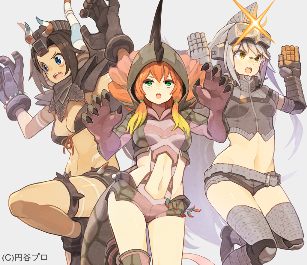 >:d, >:o, 3girls, :d, :o, aguila, black_hair, blonde_hair