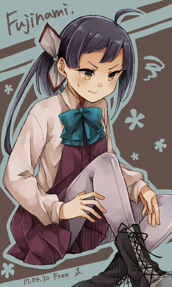 1girl, 2017, ahoge, black_hair, boots, bow, bowtie, character_name