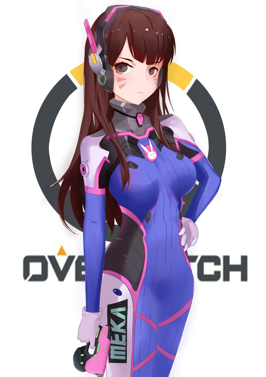 1girl, absurdres, blush, bodysuit, breasts, brown_eyes, brown_hair, closed_mouth, copyright_name, d.va_(overwatch), gloves, gun, hand_on_hip, headset, highres, holding, holding_gun, holding_weapon, large_breasts, long_hair, looking_at_viewer, misaka_(2394428643), overwatch, overwatch_(logo), solo, weapon, white_gloves