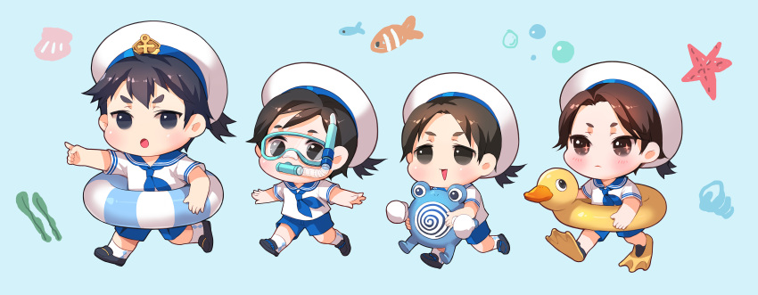 4boys, :o, absurdres, bangs, bird, blue_background, blue_neckerchief, blue_sailor_collar
