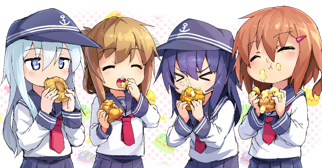 >_<, 4girls, ^_^, ^o^, akatsuki_(kantai_collection), black_hat, black_sailor_collar, black_skirt