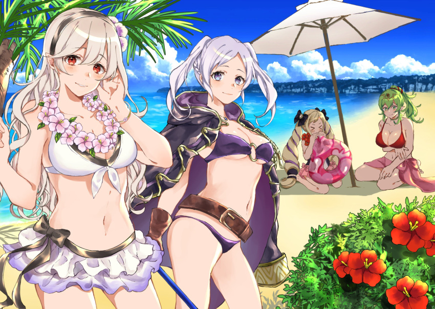 3girls, aomeeso, beach, beach_towel, beach_umbrella, belt, bikini, blonde_hair