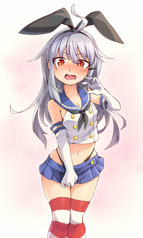 1girl, alternate_costume, black_panties, blush, breasts, cosplay, crop_top, detached_sleeves