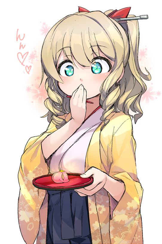 1girl, black_hakama, blue_eyes, blush, bow, drill_hair, eyebrows_visible_through_hair, hair_bow