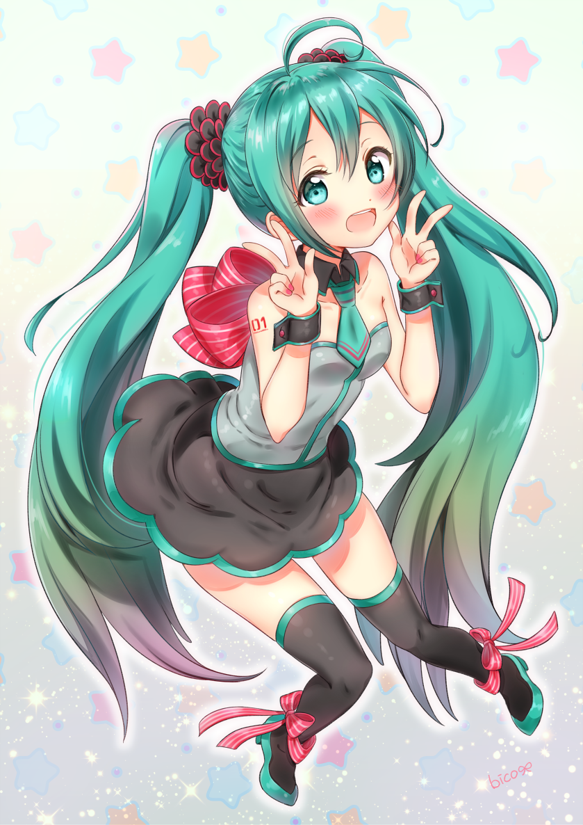 1girl, ahoge, artist_name, bico_(bicoris), black_legwear, blush, double_v, full_body