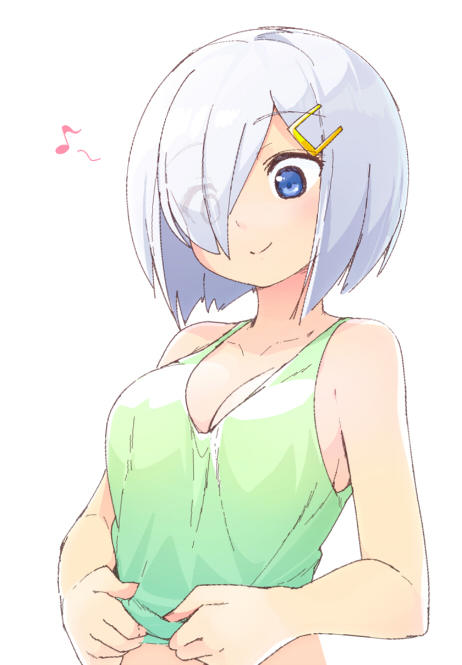 1girl, blue_eyes, breasts, cleavage, crop_top, eyebrows_visible_through_hair, eyes_visible_through_hair, hair_ornament, hair_over_one_eye, hairclip, hamakaze_(kantai_collection), kantai_collection, large_breasts, looking_down, magenta_(atyana), musical_note, quaver, shirt_tug, short_hair, silver_hair, simple_background, smile, solo, spoken_musical_note, tank_top, upper_body, white_background
