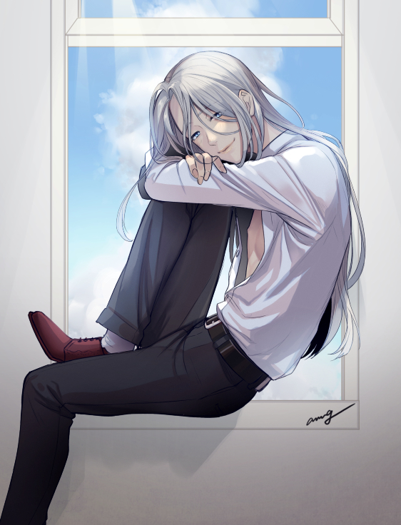 1boy, amg_(nwmnmllf), artist_name, blue_eyes, blue_sky, clouds, leg_hug, long_hair