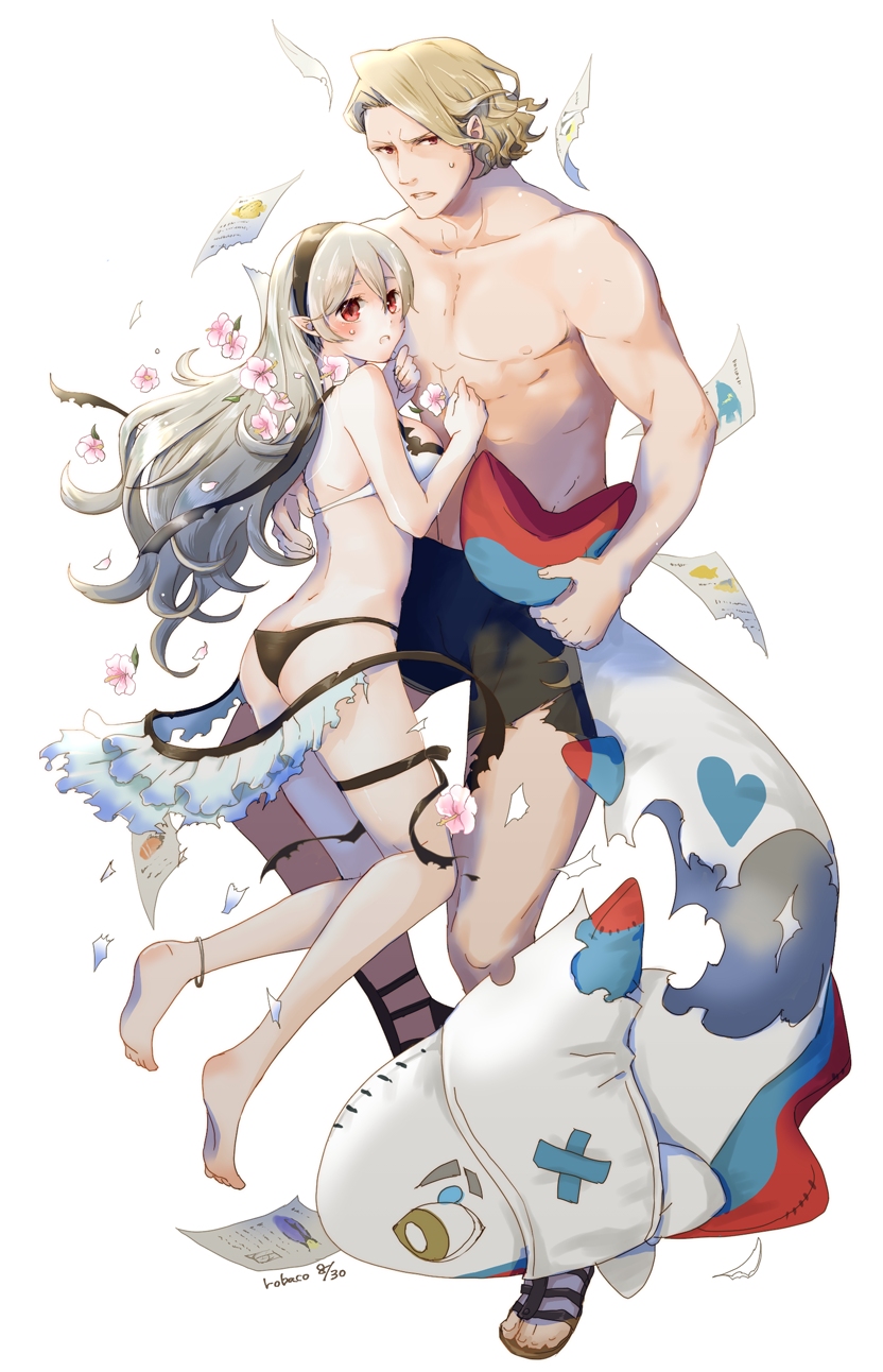 1boy, 1girl, ass, bikini, blonde_hair, blush, breasts, female_my_unit_(fire_emblem_if), fire_emblem, fire_emblem_heroes, fire_emblem_if, fish, full_body, hairband, highres, hug, lilith_(fire_emblem_if), long_hair, looking_at_viewer, marks_(fire_emblem_if), my_unit_(fire_emblem_if), navel, open_mouth, pointy_ears, red_eyes, robaco, short_hair, swimsuit, torn_clothes, white_hair
