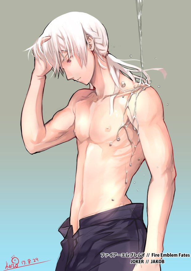 1boy, abs, bare_chest, fire_emblem, fire_emblem_heroes, fire_emblem_if, grey_hair, joker_(fire_emblem_if), kero_sweet, long_hair, low_ponytail, male_focus, ponytail, simple_background, solo, violet_eyes, white_hair