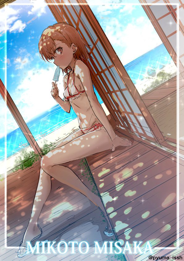1girl, beach, bikini, brown_eyes, brown_hair, character_name, clouds, dappled_sunlight