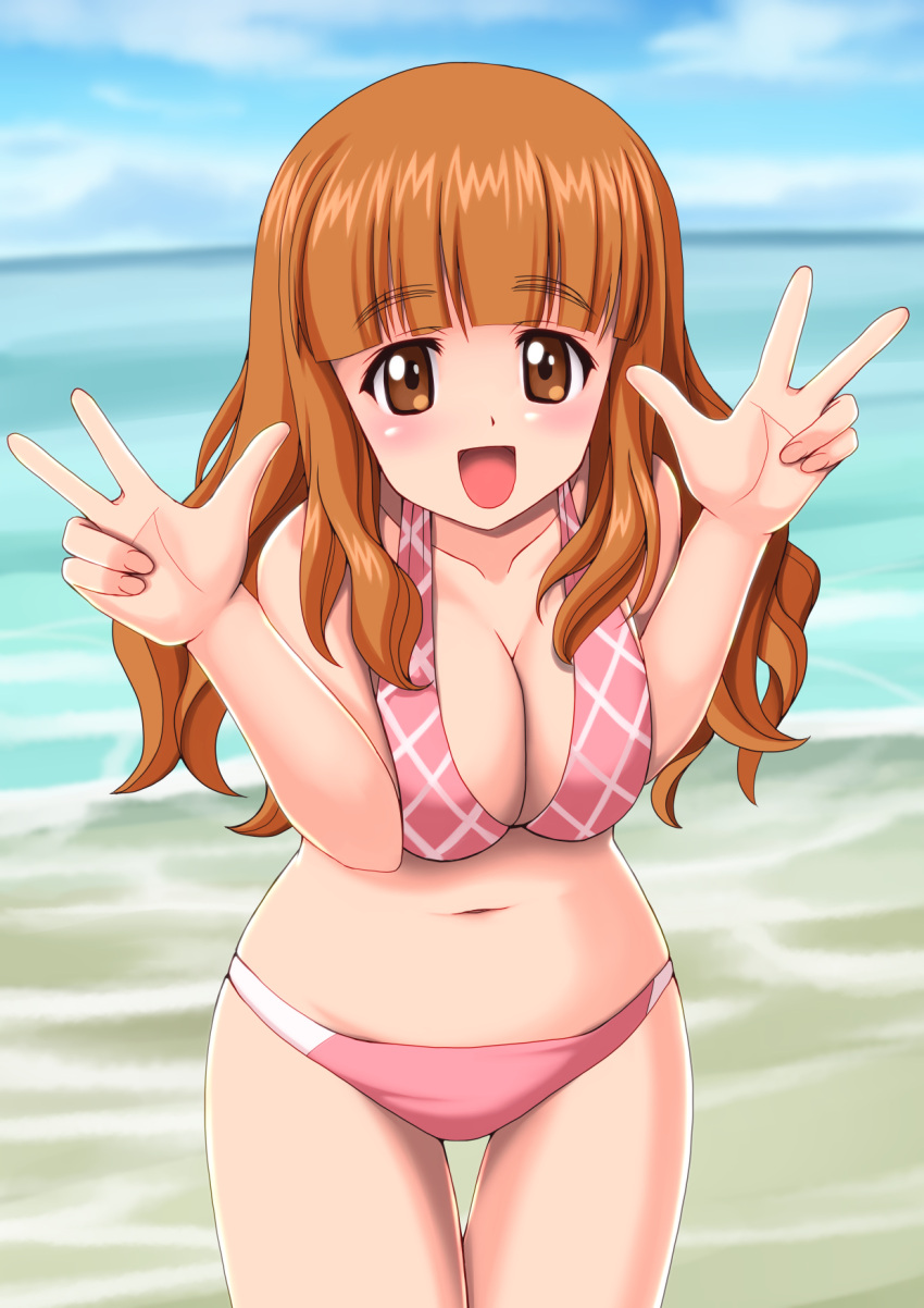 1girl, beach, bikini, breast_squeeze, breasts, brown_eyes, brown_hair, cleavage, double_v, girls_und_panzer, highres, large_breasts, leaning_forward, long_hair, looking_at_viewer, open_mouth, pink_bikini, smile, solo, standing, swimsuit, t_k, takebe_saori, v