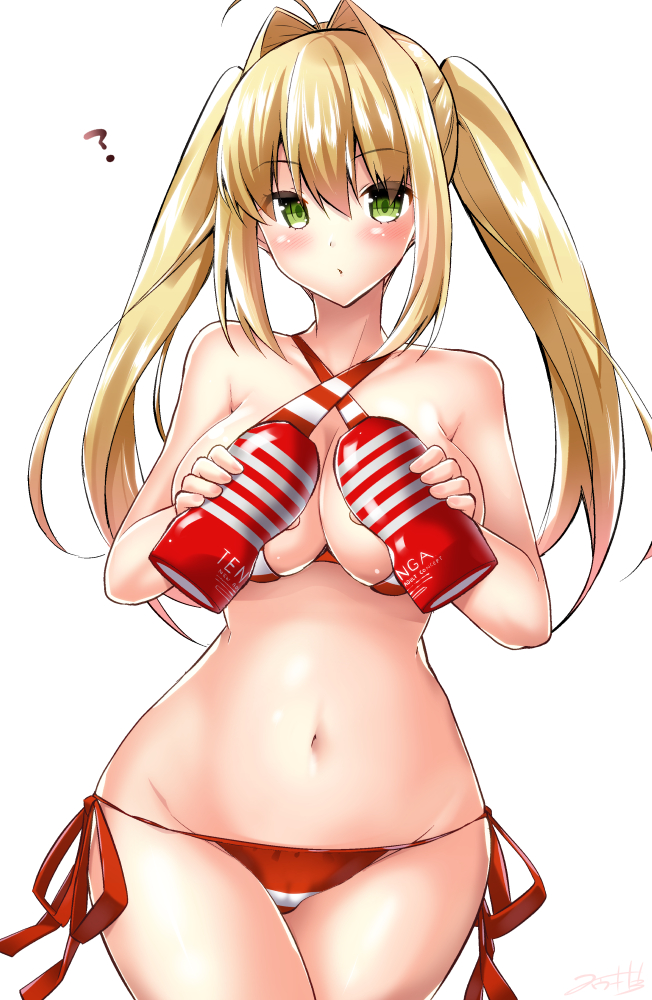 1girl, :o, ?, ahoge, bikini, blush, breasts, eyebrows_visible_through_hair