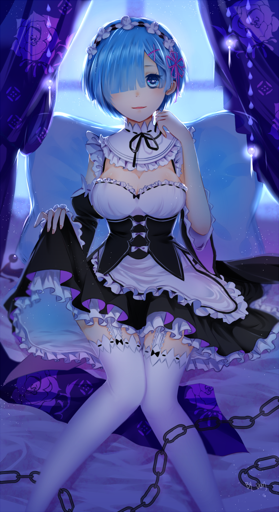 1girl, bed_sheet, black_ribbon, black_skirt, blue_eyes, blue_hair, breasts, chains, choker, cleavage, doruje, garter_straps, hair_over_one_eye, hair_ribbon, head_wreath, highres, layered_skirt, medium_breasts, neck_ribbon, parted_lips, pillow, pink_ribbon, re:zero_kara_hajimeru_isekai_seikatsu, rem_(re:zero), ribbon, short_hair, sitting, skirt, solo, thigh-highs, white_legwear