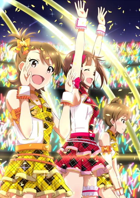 3girls, :d, amami_haruka, arm_up, armpits, arms_up, bow, brown_eyes