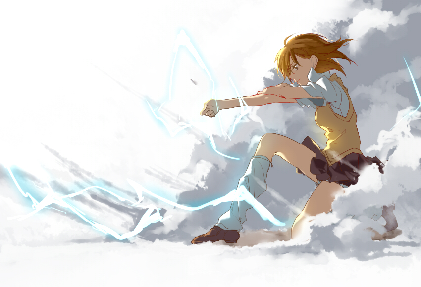 1girl, biribiri, black_skirt, brown_eyes, brown_hair, from_side, full_body, kneehighs