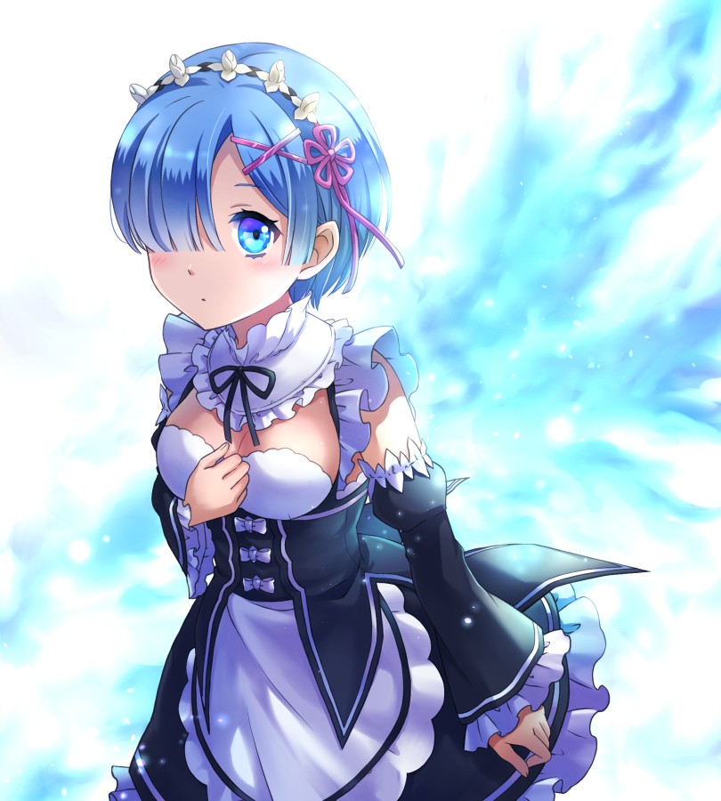 1girl, apron, black_ribbon, black_skirt, blue_eyes, blue_hair, blush, breasts