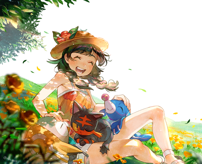1girl, ^_^, ^o^, bag, bangs, bare_arms, black_eyes, black_hair