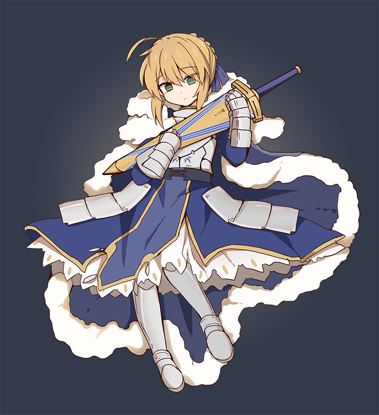 armor, armored_dress, artoria_pendragon_(all), blonde_hair, cape, excalibur, fate/grand_order, fate/stay_night, fate_(series), gauntlets, green_eyes, hair_bun, rabi_(swordofthestone), saber, sword, weapon
