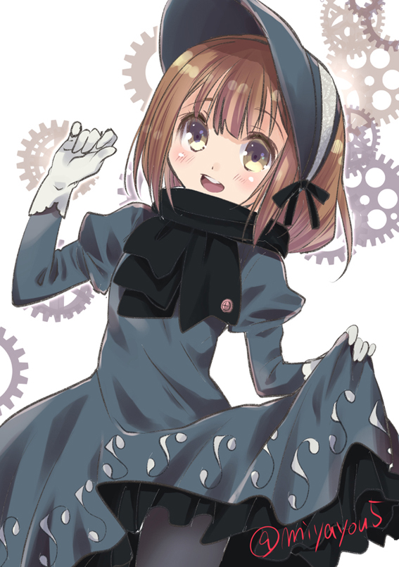 :d, beatrice_(princess_principal), black_scarf, blush, bonnet, brown_eyes, brown_hair, gears