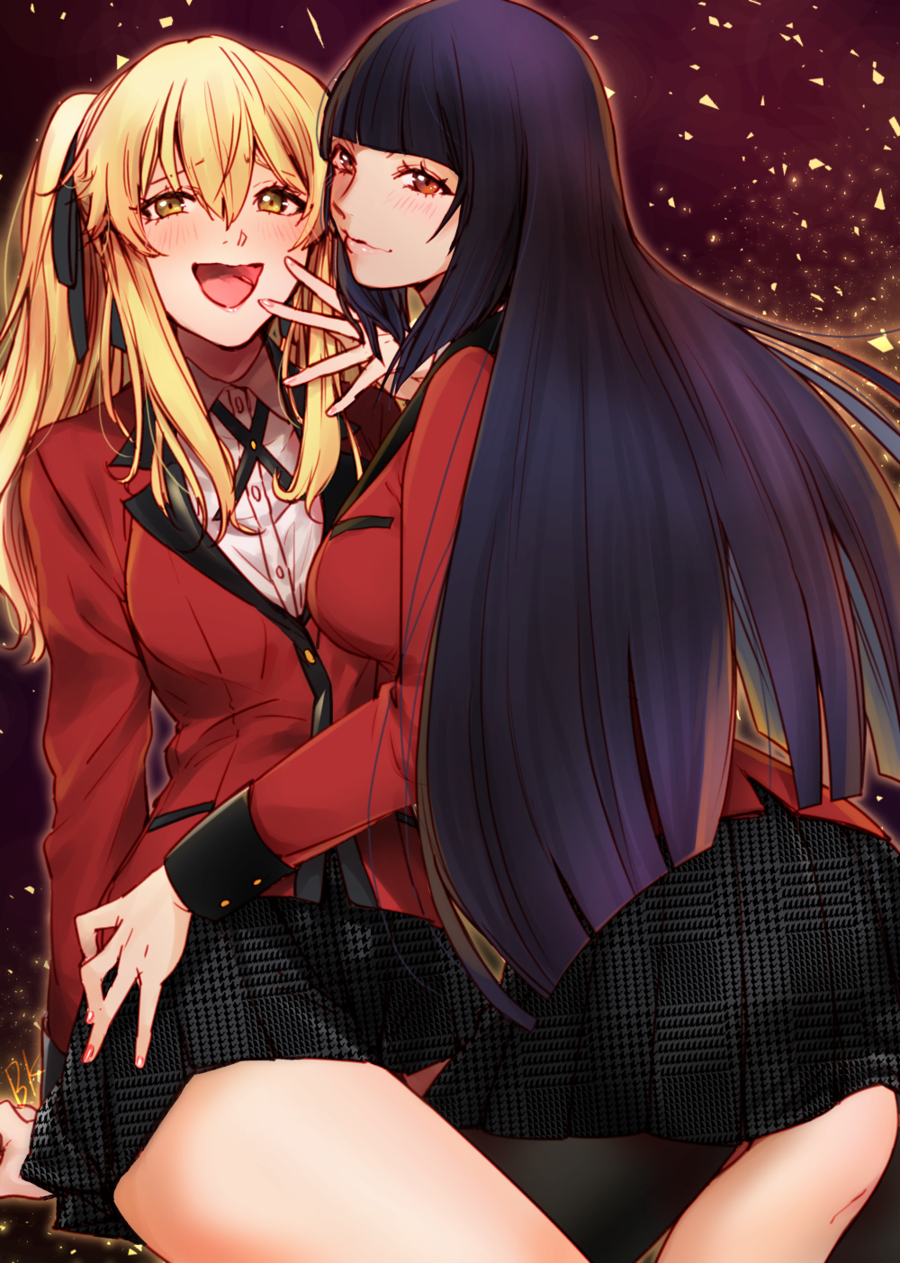 2girls, bangs, black_hair, black_legwear, black_skirt, blazer, blonde_hair, blunt_bangs