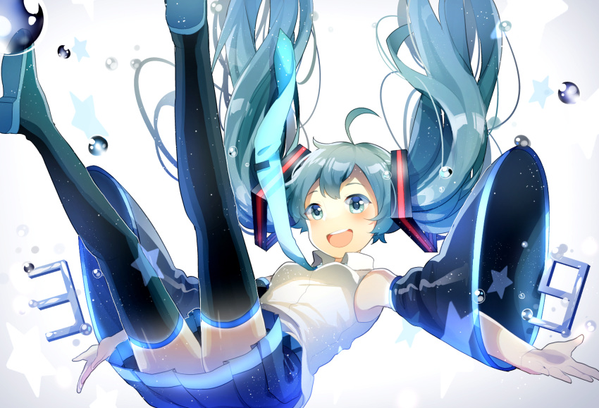 1girl, 39, ahoge, bangs, black_boots, black_legwear, black_skirt, blue_eyes