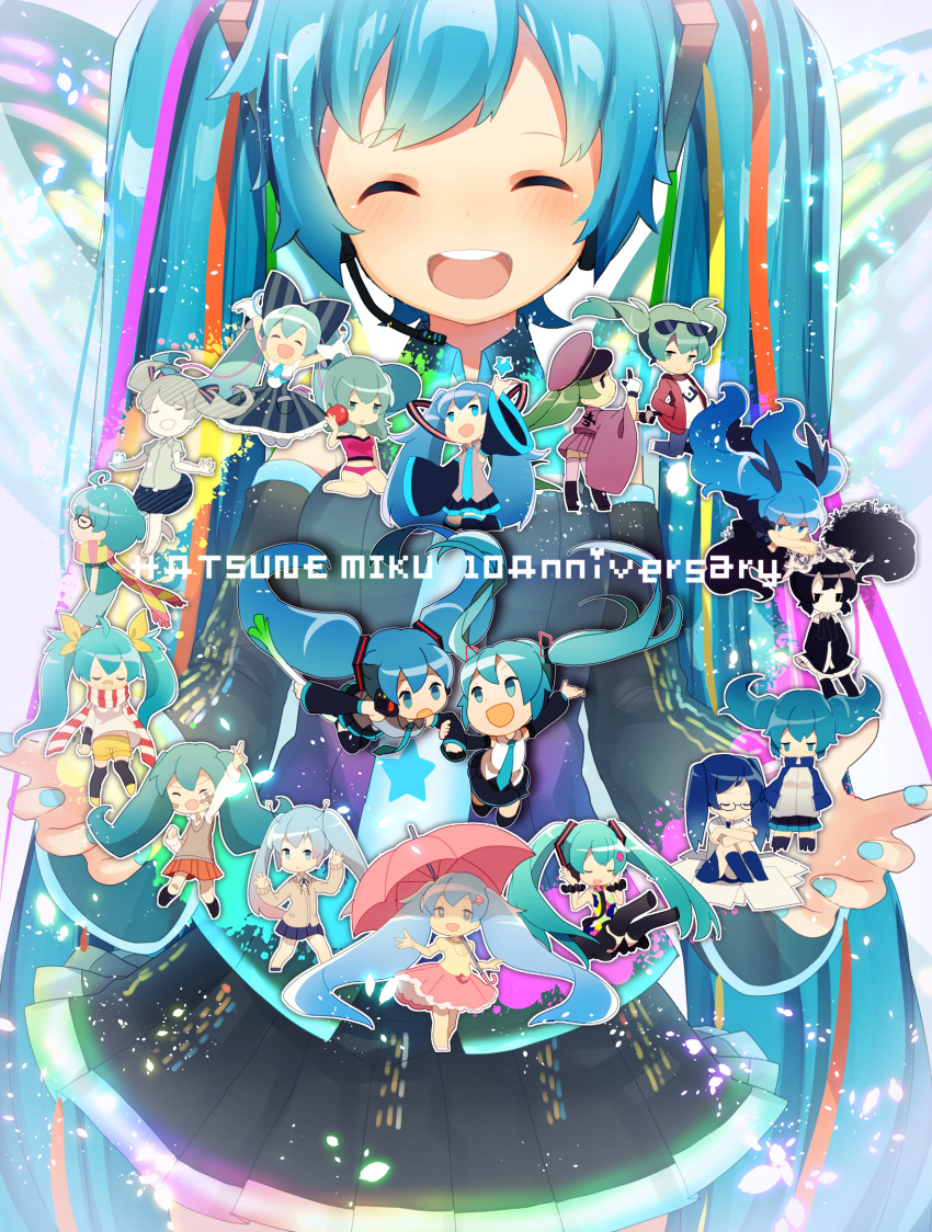 6+girls, :d, ^_^, anniversary, aqua_nails, black_skirt, blue_eyes, blue_hair